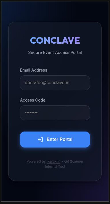 conc-qr login screen on a phone - email and access code fields under a Conclave logo