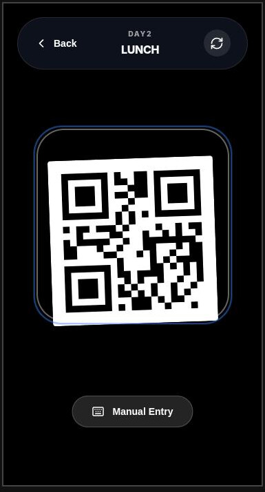 Scan screen showing a phone camera pointed at a QR code badge