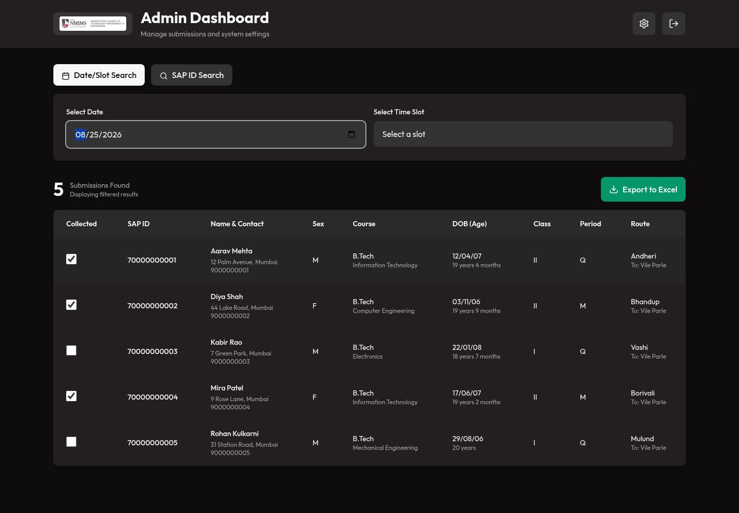 Admin dashboard showing synthetic railway concession submissions filtered by date
