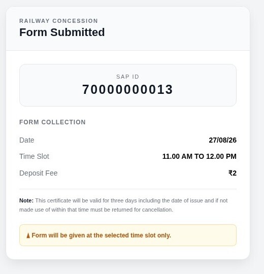 Synthetic railway concession form confirmation email showing a SAP ID, collection date, and time slot