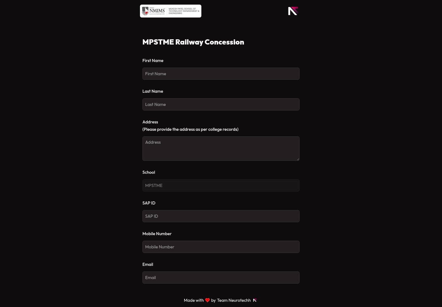 The MPSTME Railway Concession student submission form