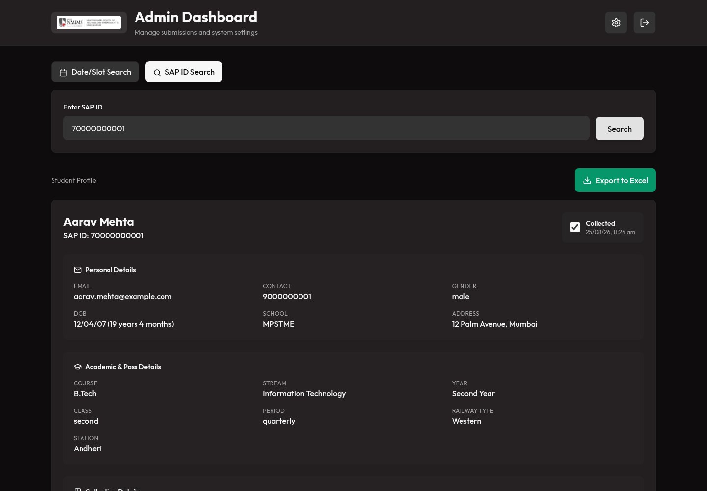 Admin student profile showing submission details and collection status