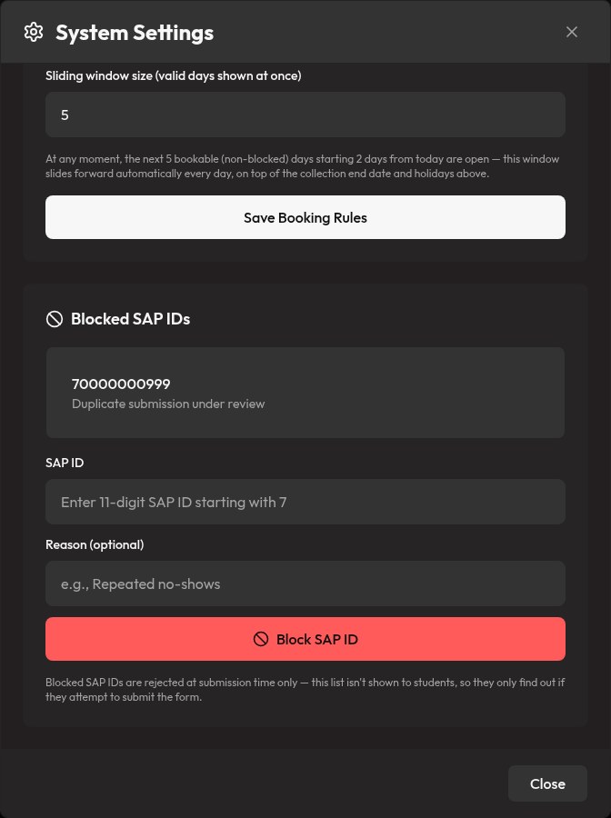 Railway Concession system settings showing booking rules and blocked SAP IDs